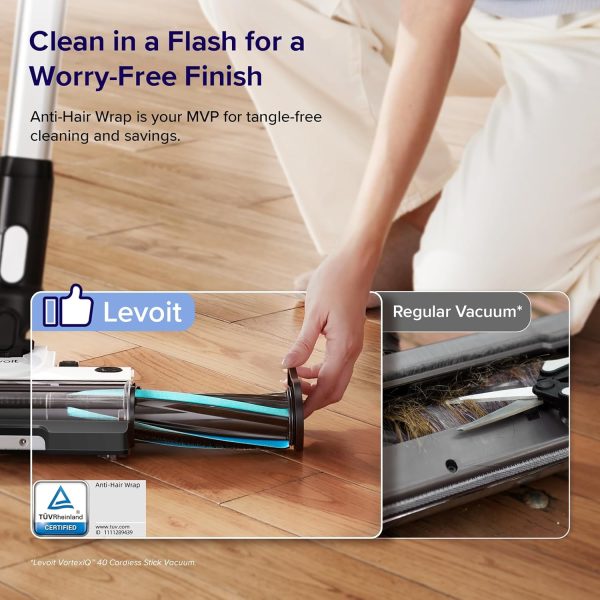 LEVOIT Cordless Vacuum Cleaner, Stick Vac with Tangle-Resistant Design, Up to 50 Minutes, Powerful Suction, Rechargeable, Lightweight, and Versatile for Carpet, Hard Floor, Pet Hair, Black & White - Image 5